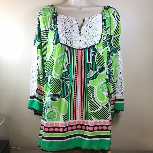 crown & ivy Tops - 🍉crown & ivy🍉…Women’s L…Green/Pink Top/Blouse w/See Through Lace on Sleeves